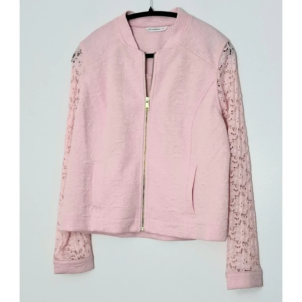 Isaac Mizrahi Live! Jacket* Women's Medium Pink Lace Knit Bomber Jacket Preowned